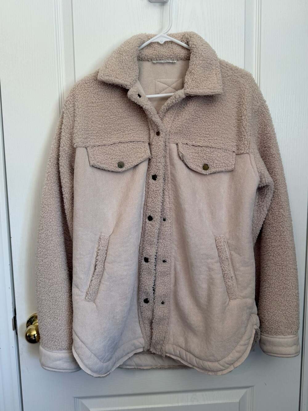 12th Tribe Sherpa Suede Faux Fur Button Down Shacket Jacket Cream Small